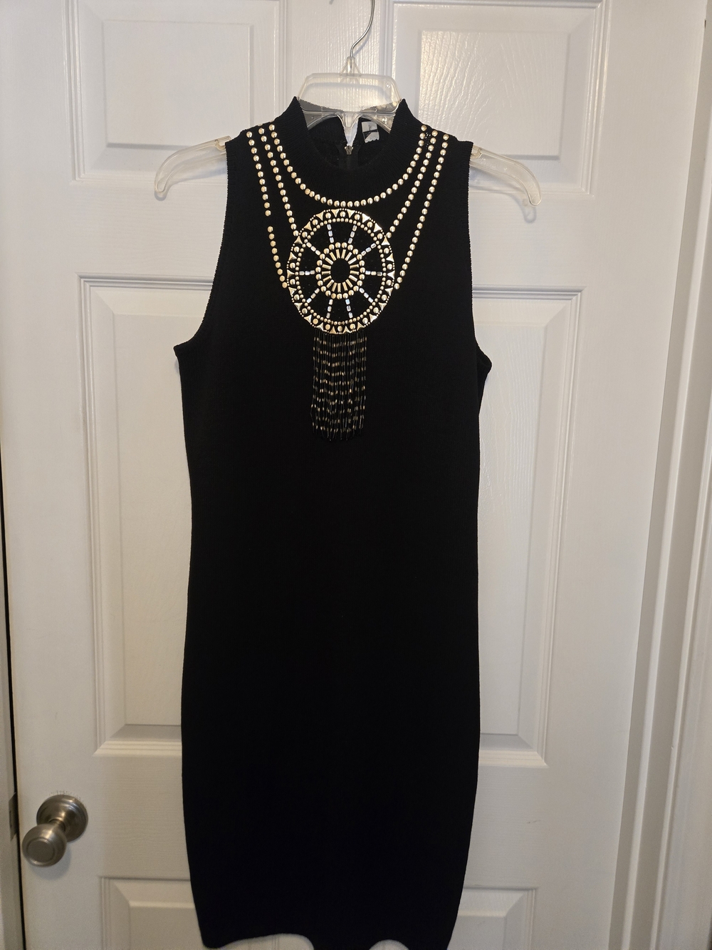St. John Black Midi Dress with Gold-Tone Beaded Necklace Detail